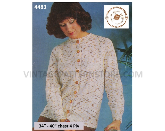 Ladies Womens 70s vintage plain quick and simple easy to knit 4 ply round neck raglan cardigan pdf knitting pattern 34" to 40" Download 4483