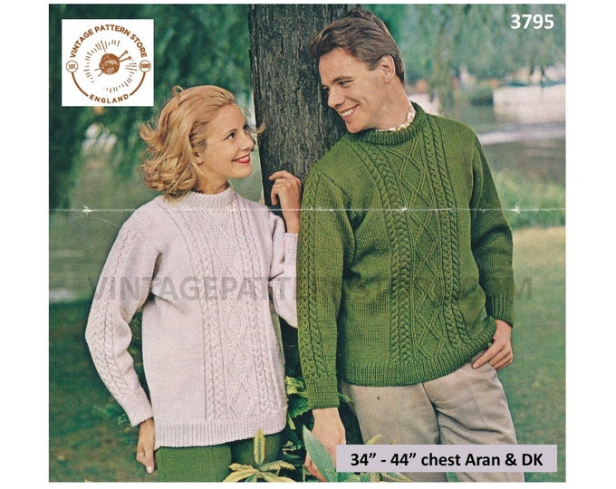 Ladies Womens Mens 70s crew neck cable cabled raglan aran sweater jumper DK trews trousers pdf knitting pattern 34" to 44" PDF download 3795