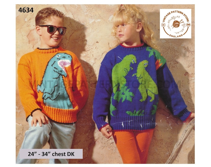 Girls Boys 90s DK round neck drop shoulder dinosaur intarsia raglan sweater jumper pullover pdf knitting pattern 24" to 34" Download 4634