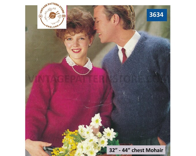 Ladies Womens Mens 80s plain & simple easy to knit V round neck raglan mohair sweater jumper pdf knitting pattern 32" to 44" Download 3634