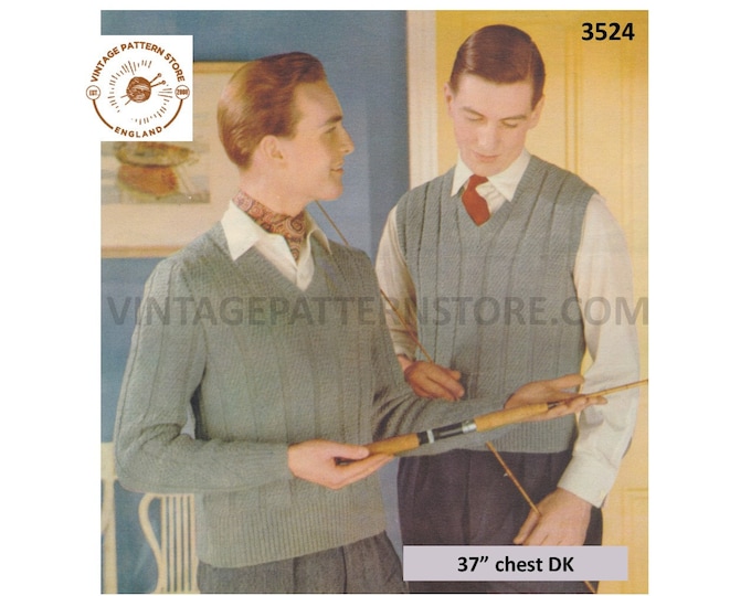 Mens Mans 50s vintage DK V neck wide rib ribbed raglan jumper & tank top sweater vest pdf knitting pattern 37" chest PDF download 3524