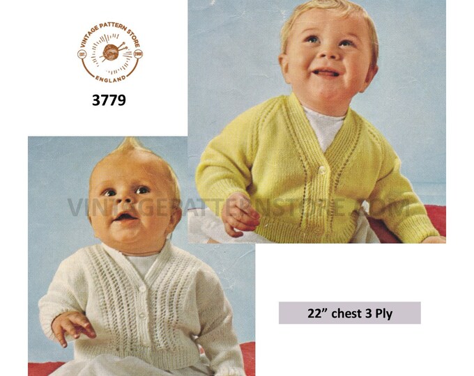 Baby Babies 70s vintage 3 ply V neck lacy panel and lace edged raglan cardigan pdf knitting pattern 22" Chest Instant PDF download 3779