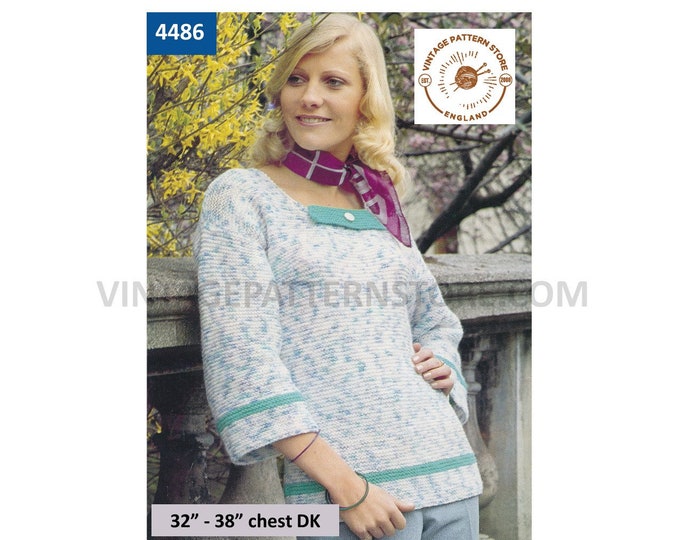 Ladies Womens 70s vintage DK square neck drop shoulder short sleeve raglan sweater jumper pdf knitting pattern 32" to 38" Download 4486