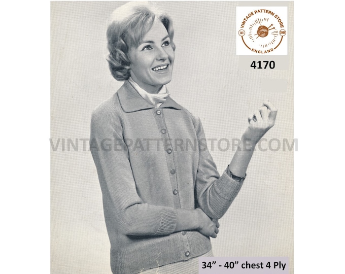 Ladies Womens 50s vintage quick simple and easy to knit 4 ply collared raglan cardigan jacket pdf knitting pattern 34" to 40" Download 4170