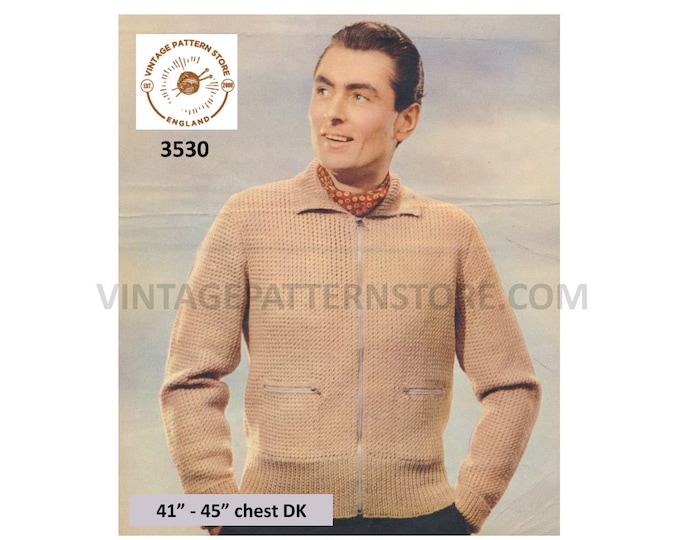 Mens Mans 50s vintage DK round neck collared textured zipped zip up raglan jacket coat pdf knitting pattern 41" to 45" PDF Download 3530