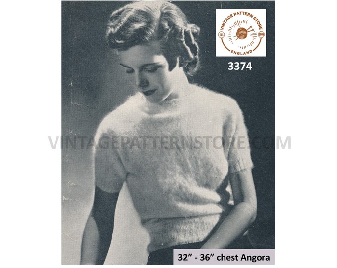 Ladies Womens 40s vintage easy to knit round neck long or short sleeve angora sweater jumper pdf knitting pattern 32" to 36" Download 3374