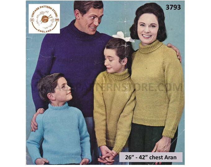 Ladies Womens Mens Boys Girls 70s Family polo or crew neck raglan aran sweater jumper pdf knitting pattern 26" to 42" Chest Download 3793