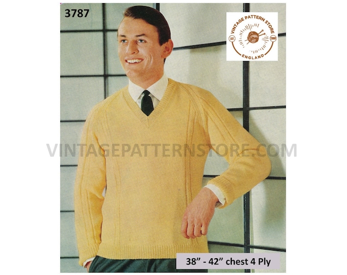 Mens Mans 70s vintage 4 ply V neck cable cabled raglan sweater jumper pullover pdf knitting pattern 38" to 42" Instant PDF download 3787