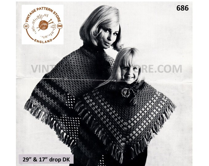 Ladies Womens Girls 70 vintage easy to crochet fringed poncho pdf crochet pattern 29" and 17" drop at centre Instant PDF download 686