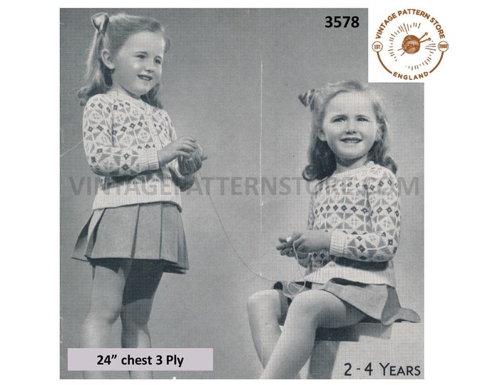 Girls 50s vintage 3 ply round neck fair isle raglan sweater jumper and V neck cardigan twin set pdf knitting pattern 24" chest Download 3578