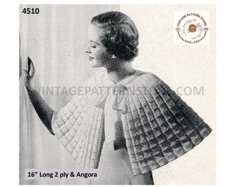 Ladies Womens 30s vintage 2 ply and angora ribbon tied bed cape bedjacket bed jacket pdf knitting pattern 16" long Instant PDF Download 4510