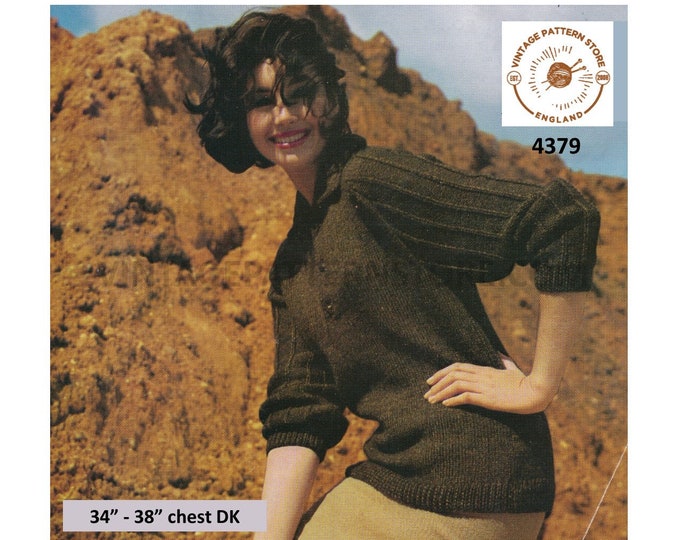 Ladies Womens 70s vintage DK shirt neck collared ribbed sleeve raglan sweater jumper pdf knitting pattern 34" to 38" chest Download 4379