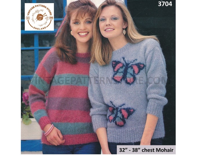 Ladies Womens 80s easy to knit striped and butterfly intarsia mohair raglan sweater jumper pdf knitting pattern 32" to 38" PDF download 3704