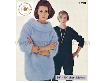 Ladies Womens 70s easy to knit round or cowl neck drop shoulder dolman mohair sweater jumper pdf knitting pattern 36" to 40" Download 3798