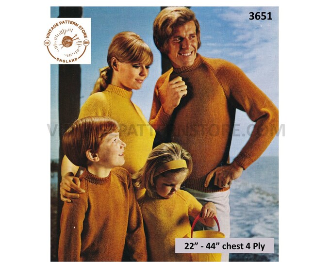 Ladies Womens Mens Boys Girls 70s Family easy to knit 4 ply crew neck raglan sweater jumper pdf knitting pattern 22" to 44" Download 3651