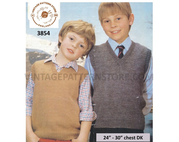 Boys 70s plain quick and simple easy to knit V neck DK tank top sweater vest slipover pdf knitting pattern 24" to 30" Instant download 3854