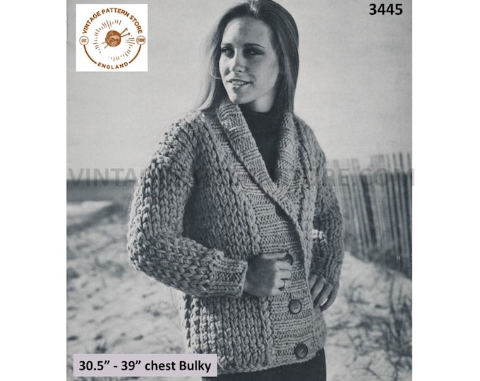 Womens 70s vintage easy to knit shawl collar drop shoulder bulky raglan cardigan jacket pdf knitting pattern 30" to 39" Download 3445