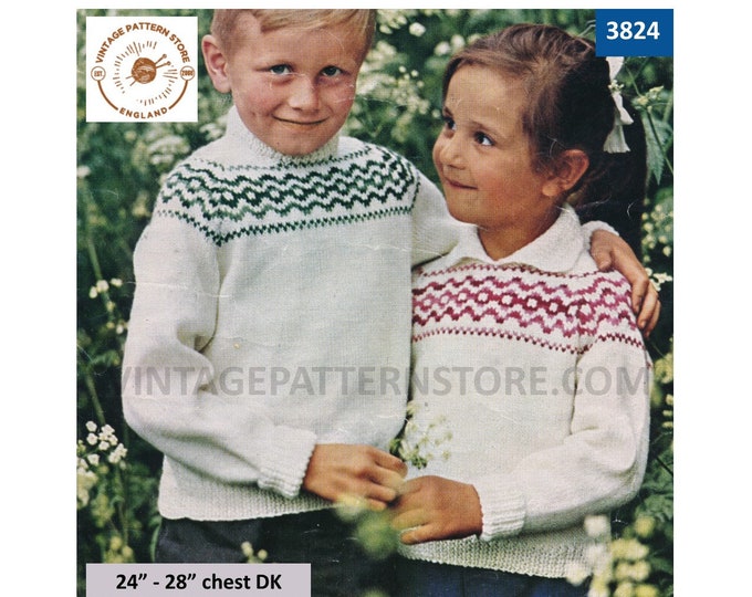 Girls Boys 70s vintage easy to knit crew neck instant fair isle DK raglan sweater jumper pdf knitting pattern 24" to 28" PDF download 3824
