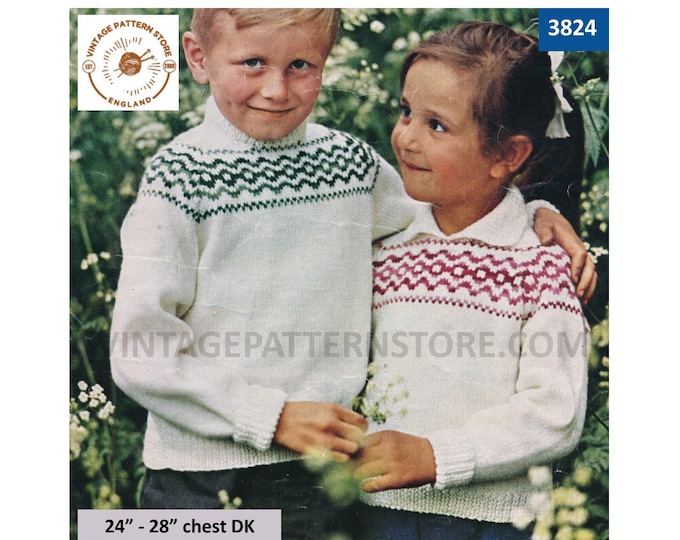 Girls Boys 70s vintage easy to knit crew neck instant fair isle DK raglan sweater jumper pdf knitting pattern 24" to 28" PDF download 3824