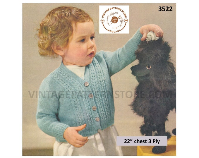 Toddlers Girls 50s vintage 3 ply V or round neck lacy lace panel raglan cardigan pdf knitting pattern 22" chest Instant PDF download 3522