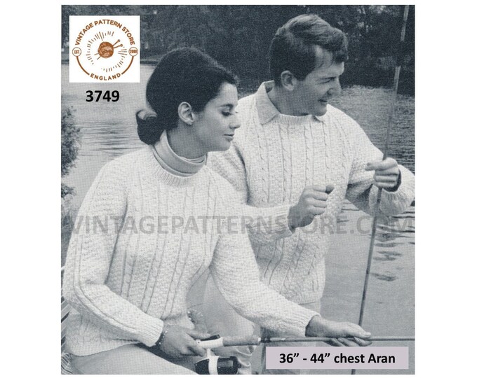 Ladies Womens Mens 50s vintage round neck cabled cable & texture raglan aran sweater jumper pdf knitting pattern 36" to 44" Download 3749