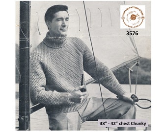 Mens Mans 50s vintage chunky knit polo neck textured raglan sweater jumper pullover pdf knitting pattern 38" to 42" chest PDF download 3576