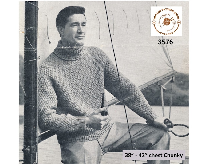 Mens Mans 50s vintage chunky knit polo neck textured raglan sweater jumper pullover pdf knitting pattern 38" to 42" chest PDF download 3576