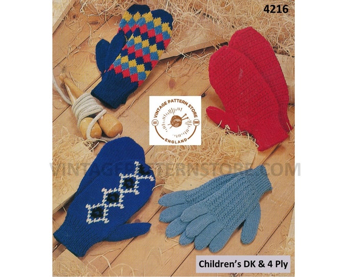 Boys Girls 60s vintage DK and 4 ply gloves and mittens pdf knitting and crochet pattern Instant PDF Download 4216