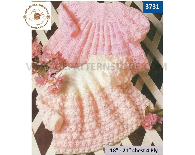 Baby Babies 80s vintage 4 ply lacy lace or bobble striped contrast yoke raglan angel top dress pdf knitting pattern 18" to 21" Download 3731