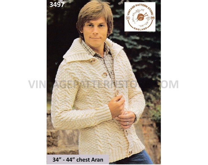 Mens Mans 90s round neck collared cabled cable & textured raglan aran jacket cardigan pdf knitting pattern 34" to 44" Instant Download 3497