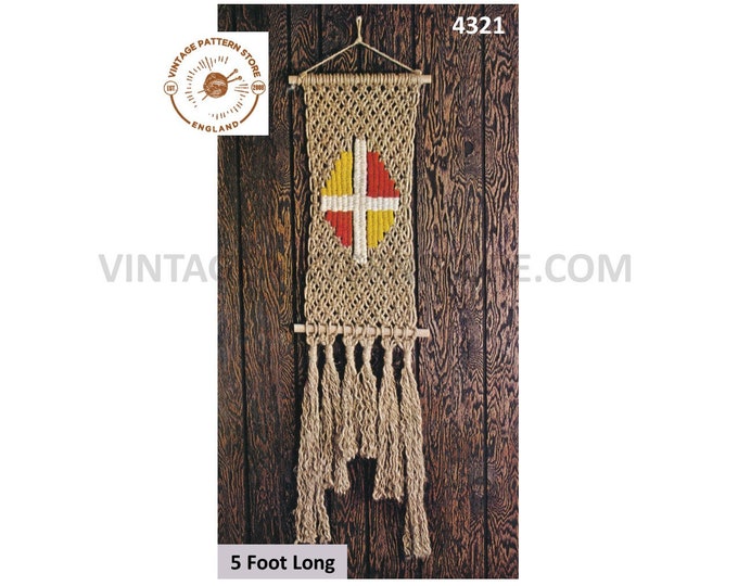 70s vintage retro macrame wall hanging with woven panel pdf macrame pattern 5 foot long Instant PDF Download 4321