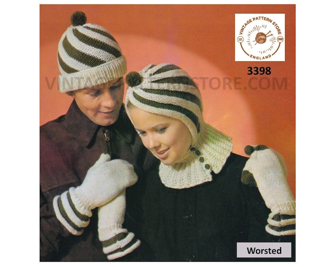 Ladies Womens Mens 60s vintage worsted 2 colour spiral patterned swirl hat balaclava & mittens pdf knitting pattern Size Adult Download 3398