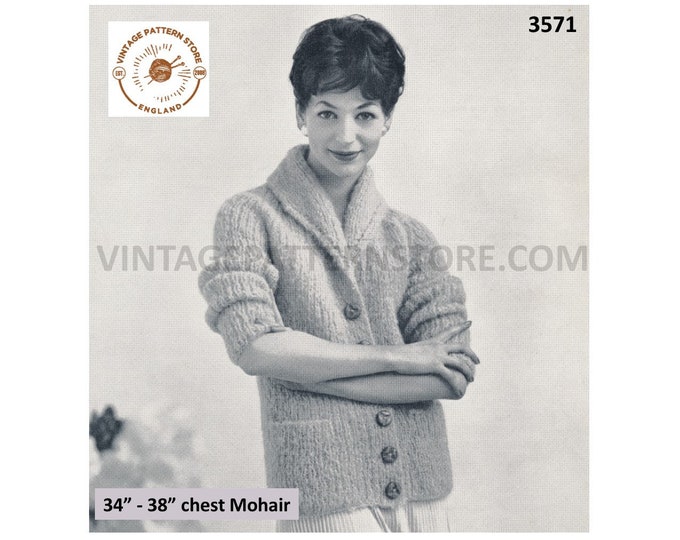 Ladies Womens 50s vintage easy to knit shawl collar long line mohair raglan cardigan jacket pdf knitting pattern 34" to 38" Download 3571