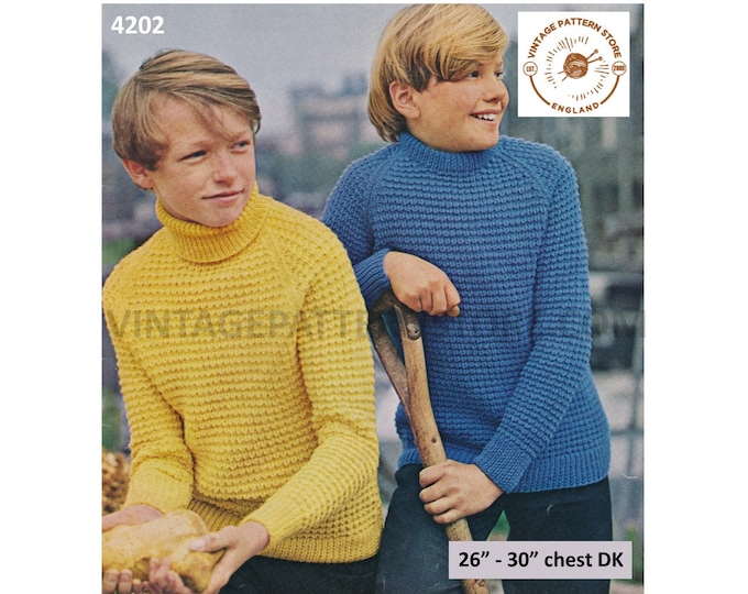 Boys 60s vintage DK polo or crew neck textured raglan sweater jumper pdf knitting pattern 26" to 30" chest Download 4202