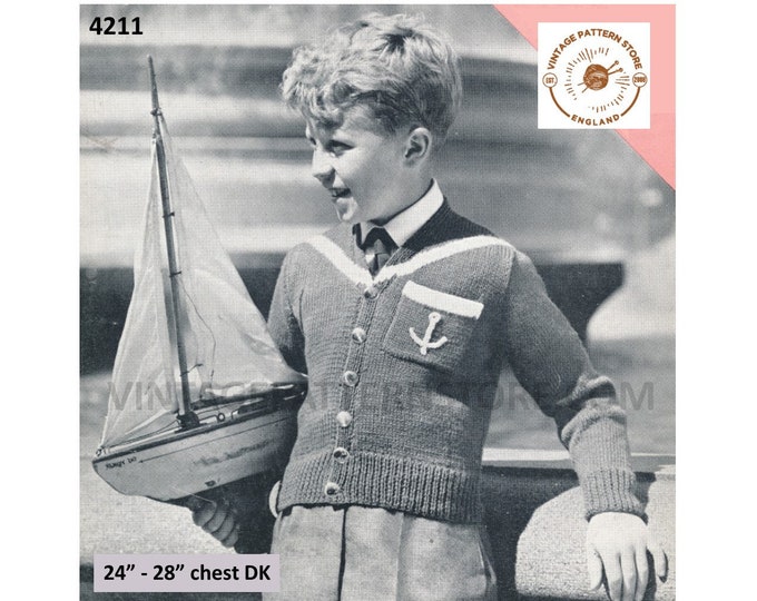 Boys 50s vintage DK V neck anchor motif raglan sailors cardigan pdf knitting pattern 24" to 28" chest Instant Download 4211
