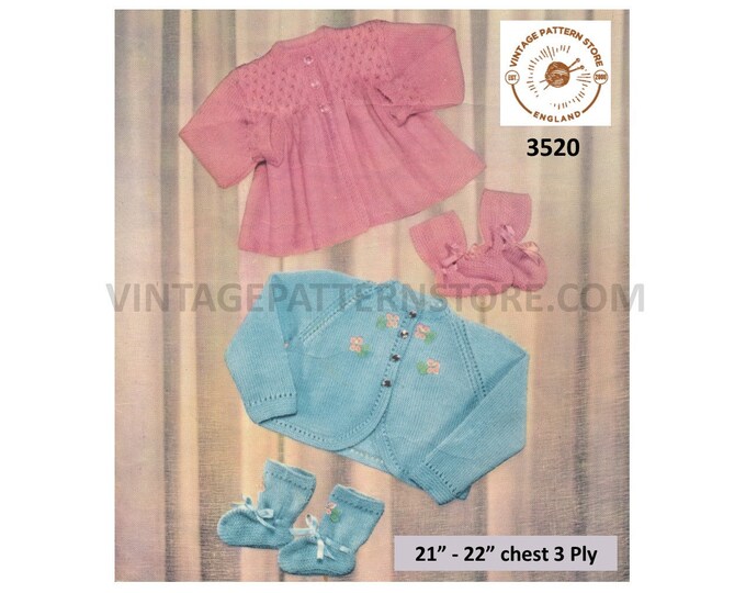 Baby Babies 50s vintage 3 ply cable yoke matinee coat & lacy edge bolero cardigan booties pdf knitting pattern 21" to 22" Download 3520