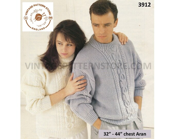 Womens Mens 90s polo crew neck cable panel cabled textured drop shoulder aran sweater jumper pdf knitting pattern 32" to 44" Download 3912