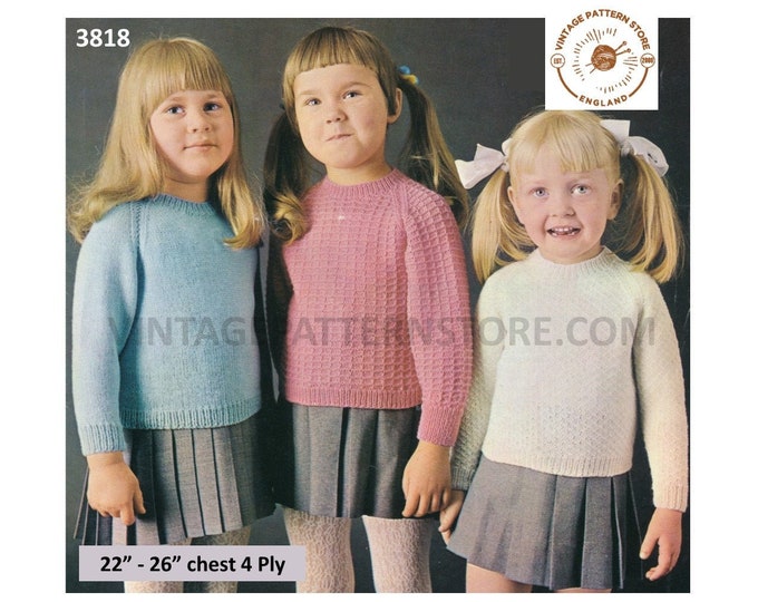 Girls Toddlers 70s vintage 4 ply easy to knit & textured round neck raglan sweater jumper pdf knitting pattern 22" to 26" PDF download 3818