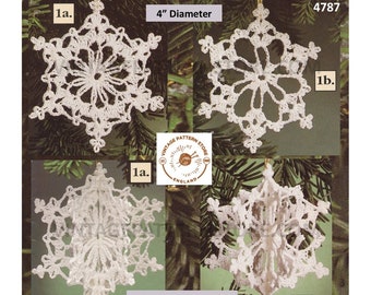 90s vintage crochet snowflake Christmas tree decoration ornament pdf crochet pattern 4 designs to make 4" diameter Instant PDF Download 4787