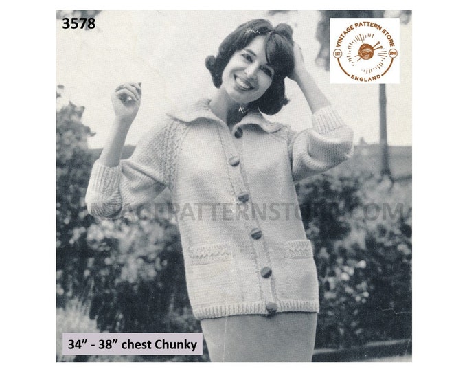 Ladies Womens 50s vintage easy to knit round neck chunky knit raglan cardigan jacket pdf knitting pattern 34" to 38" chest PDF download 3578