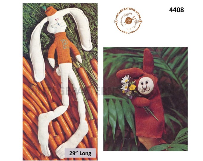 70s vintage cuddly floppy toy rabbit and glove puppet pdf sewing pattern 29" long Instant PDF Download 4408