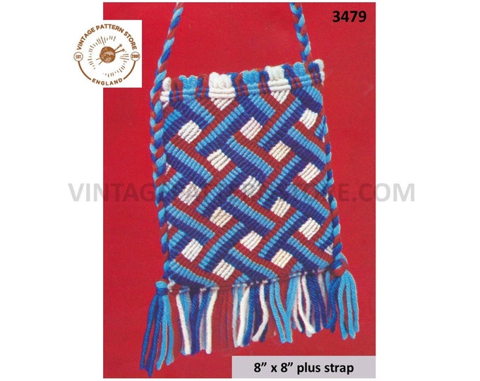 70s vintage fringed macrame shoulder bag purse pdf macrame pattern 8" by 8" excluding fringe Instant PDF download 3479