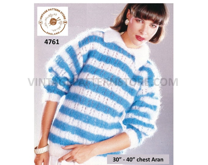 Ladies Womens 90s collared round neck lacy lace striped drop shoulder dolman sweater jumper pdf knitting pattern 30" to 40" Download 4761