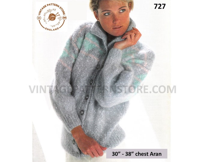 Ladies Womens 90s collared drop shoulder colour work yoke yoked dolman aran cardigan pdf knitting pattern 30" to 38" chest PDF download 727