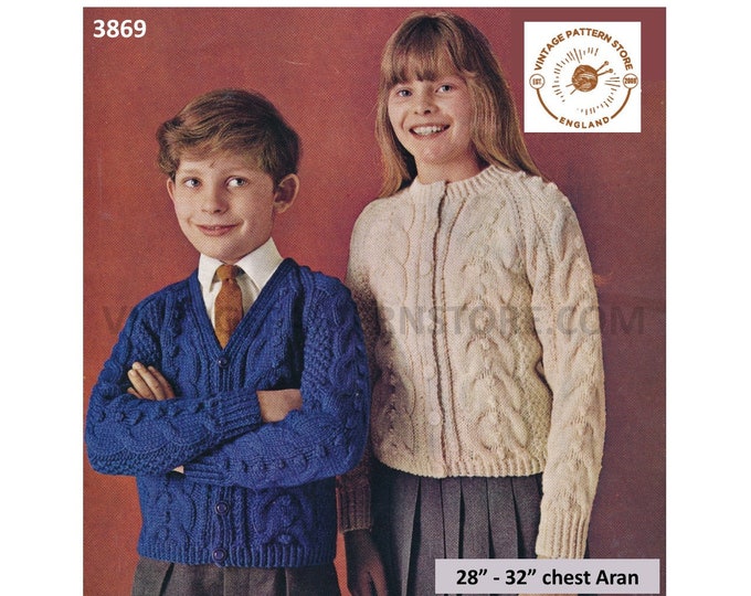 Boys Girls Childrens 80s vintage V round neck cable cabled & textured raglan aran cardigan pdf knitting pattern 28" to 32" PDF download 3869