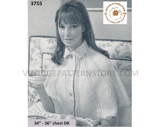 Ladies Womens 50s vintage collared lacy striped button through bed cape jacket pdf knitting pattern 34" to 36" chest PDF download 3755