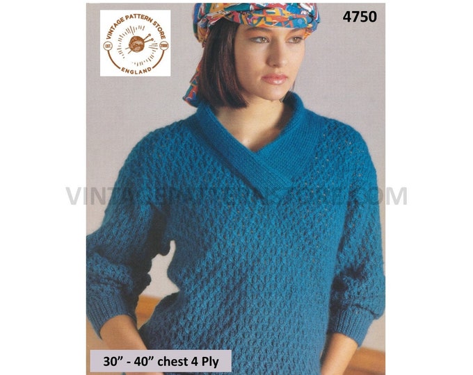 Ladies Womens 90s 4 ply V neck lacy trellis lace drop shoulder dolman sweater jumper pdf knitting pattern 30" to 40" Instant Download 4750