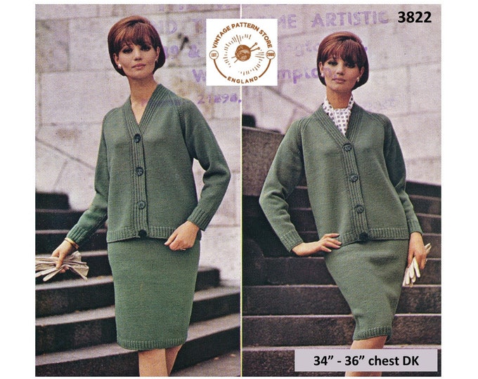 Ladies Womens 70s vintage easy to knit DK V neck raglan cardigan & midi skirt pdf knitting pattern 34" to 38" Chest Instant download 3822