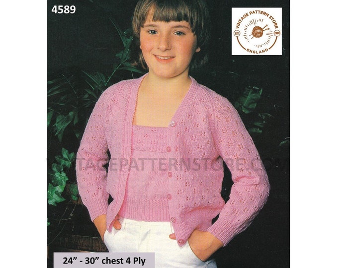 Girls 80s vintage 4 ply V neck lacy eyelet lace raglan cardigan & turn top camisole Summer top pdf knitting pattern 24" to 30" Download 4589