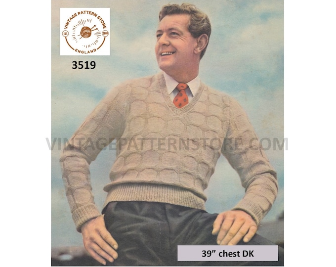 Mens Mans 50s vintage 4 ply V neck check patterned raglan sweater jumper pullover pdf knitting pattern 39" chest Instant PDF download 3519